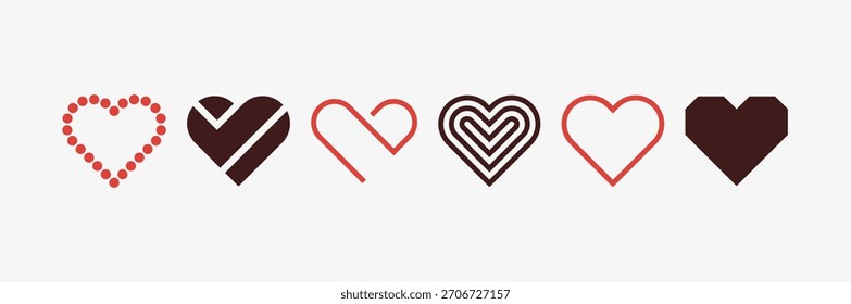 set of geometric abstract logo pink hand draw heart, red doodle line icon heart, romance love elements for Valentine's Day, heart symbol design cards, poster, banner, pattern, advertisement
