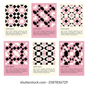 set of geometric abstract mosaic black shapes pattern poster, seamless elements collection made of triangles and squares, pixel elements form, modern design for card, invitation, wallpaper
