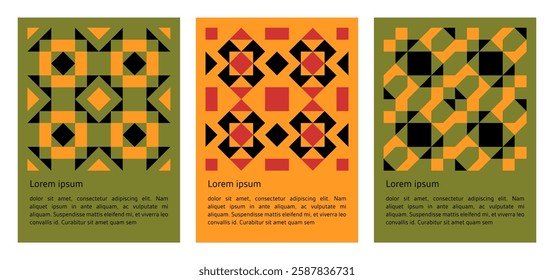 set of geometric abstract mosaic black shapes pattern poster, seamless elements collection made of triangles and squares, pixel elements form, modern design for card, invitation, wallpaper
