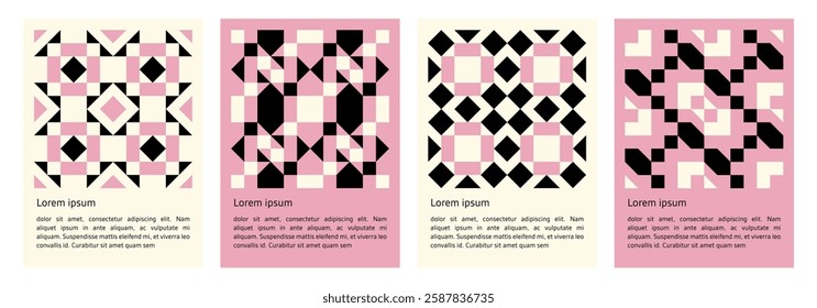 set of geometric abstract mosaic black shapes pattern poster, seamless elements collection made of triangles and squares, pixel elements form, modern design for card, invitation, wallpaper