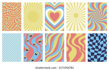 A Set Of Geometric Abstract Retro Posters With A Chess Background, Sun, Heart, Waves, Smiley Face And Psychedelic Swirl. Nostalgic Backgrounds In Faded Colors. Collection Of Y2k Posters Or Backgrounds