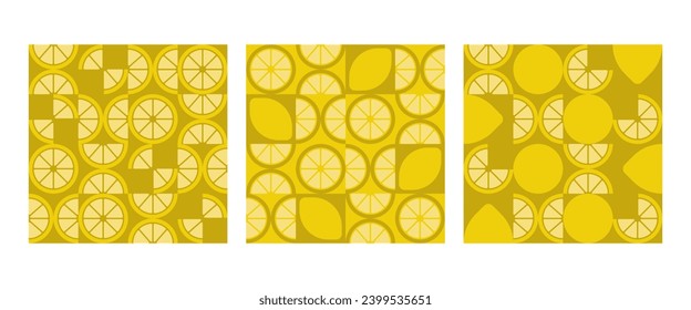 Conjunto de patrones geométricos abstractos de limón sin soldadura. Antecedentes, frutos. Diseño abstracto moderno. Estilo contemporáneo. Ilustración del vector