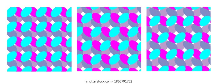 set of geometric abstract seamless patterns with blue, turquoise and pink ellipses. suitable for fabrics, wrapping, wallpaper, baby products 
