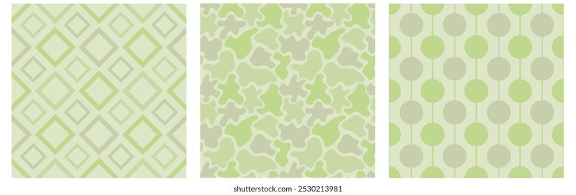 Set of geometric abstract seamless patterns in soft green colors for background, wallpaper, cover, social media, web, wrapping.
