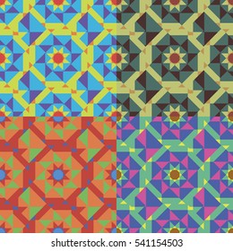 Set of geometric abstract seamless patterns in four colors