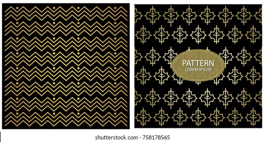 Set of geometric abstract seamless wave pattern and holly Christmas ornament gold. Graphic texture. Optical illusion effect for design. Background for the invitation, shop, beauty salon, spa.