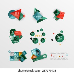Satz geometrischer abstrakter Formen, Infografiken, bunter Schaltflächen mit Text