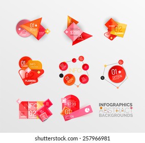 Conjunto de diseños infográficos de formas geométricas abstractas, botones coloridos con texto