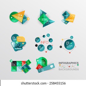 Set of geometric abstract shape infographic layouts, colorful buttons with text