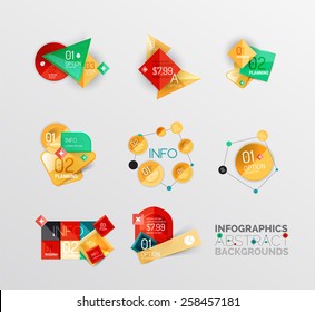 Set of geometric abstract shape infographic layouts, colorful buttons with text