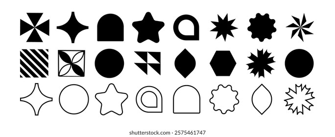 Set of geometric and abstract shapes collection. Abstract symbols set. Set of geometric brutalism shapes. Figures, stars, spiral flower and circles.