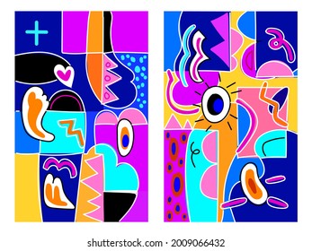 Conjunto de formas abstractas geométricas línea ilustración vectorial colorida. Diseño artístico de fondo para postales, tarjetas, banner, plantilla, portada, afiche, libro.
