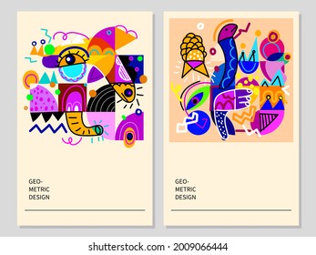 Set of geometric abstract shapes line colorful vector illustration. Artistic background design for postcard,cards,banner, template,cover,poster, book.