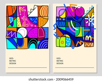 Conjunto de formas abstractas geométricas línea ilustración vectorial colorida. Diseño artístico de fondo para postales, tarjetas, banner, plantilla, portada, afiche, libro.