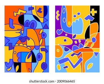 Set of geometric abstract shapes line colorful vector illustration. Artistic background design for postcard,cards,banner, template,cover,poster, book.