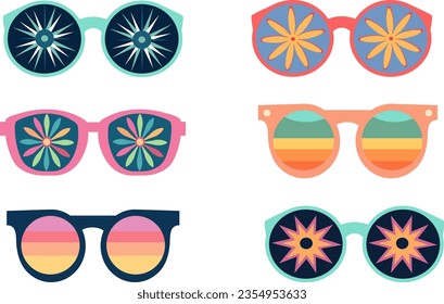 Set von geometrischen abstrakten Sonnenbrillen.70s Retro Hippie Stil.Vibes funky Brillen mit Deco-Elemente.Vintage nostalgische psychedelische Elemente.