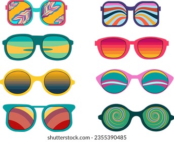 Set of geometric abstract sunglasses.70s retro hippie style.Vibes funky eyeglasses with deco elements.Vintage nostalgia psychedelic elements.