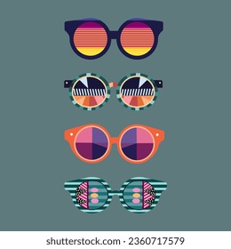 Set of geometric abstract sunglasses.70s retro hippie style.Vibes funky eyeglasses with deco elements.Vintage nostalgia psychedelic elements.