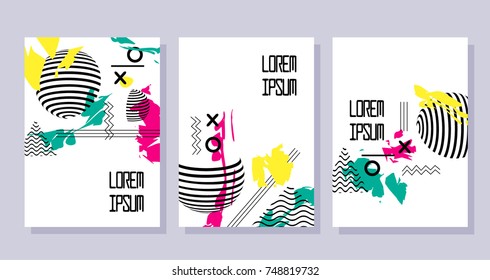 Set of geometric abstract trendy flyers. Compositions with decorative elements.