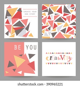 Set of geometric abstract vector colorful flyers. Modern backgrounds. Posters For wedding, anniversary, birthday, Valentin's day, party invitations. 