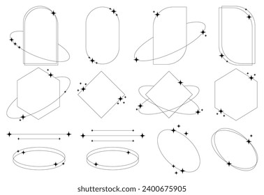 Conjunto de formas y marcos de líneas abstractas geométricas estéticas con estrellas boho, brutalismo, estilo Y2K. Elementos geométricos con destellos para el diseño de plantillas medios sociales, afiches, pancartas, logotipo, pegatinas