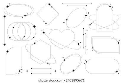 Conjunto de formas y marcos de líneas abstractas geométricas estéticas con estrellas boho, brutalismo, estilo Y2K. Elementos geométricos con destellos para el diseño de plantillas medios sociales, afiches, pancartas, logotipo, pegatinas