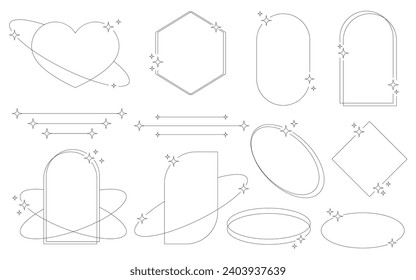 Satz von geometrischen ästhetischen abstrakten Linien Rahmen und Formen mit Sternen boho, brutalismus, Y2K-Stil. Geometrische Elemente mit Funken für die Gestaltung sozialer Medien, Poster, Banner, Logo, Aufkleber