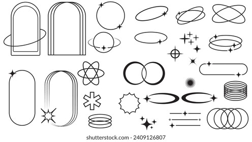 Set of geometric aesthetic abstract line frames. Modern minimalist aesthetic line elements. Modern trendy linear frames with stars, geometric forms. 
