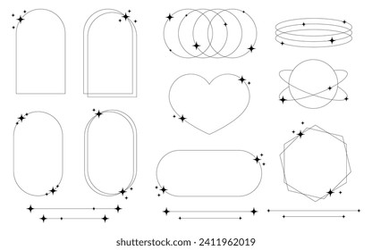 Set of geometric aesthetic abstract line frames and shapes with stars boho, brutalism, Y2K style. Geometric elements with sparkles for template design social media, poster, banner, logo, stickers