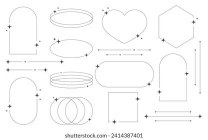 Conjunto de formas y marcos de líneas abstractas geométricas estéticas con estrellas boho, brutalismo, estilo Y2K. Elementos geométricos con destellos para el diseño de plantillas medios sociales, afiches, pancartas, logotipo, pegatinas