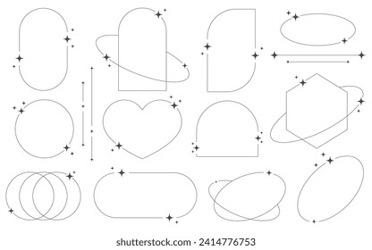 Conjunto de formas y marcos de líneas abstractas geométricas estéticas con estrellas boho, brutalismo, estilo Y2K. Elementos geométricos con destellos para el diseño de plantillas medios sociales, afiches, pancartas, logotipo, pegatinas