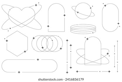 Conjunto de formas y marcos de líneas abstractas geométricas estéticas con estrellas boho, brutalismo, estilo Y2K. Elementos geométricos con destellos para el diseño de plantillas medios sociales, afiches, pancartas, logotipo, pegatinas