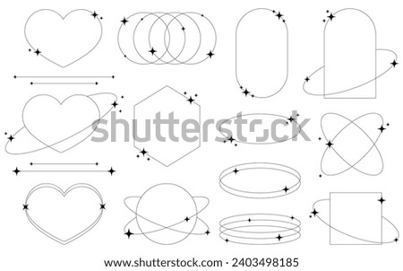 Set of geometric aesthetic abstract line frames and shapes with stars boho, brutalism, Y2K style. Geometric elements with sparkles for template design social media, poster, banner, logo, stickers
