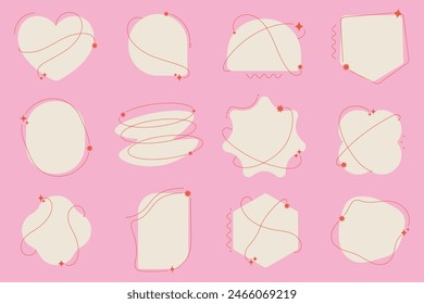 Set of geometric aesthetic stickers. Y2K abstract minimal graphic elements with stars. Modern boho line frames and shapes.
Ideal for poster, logo, template design, social media, banner.
