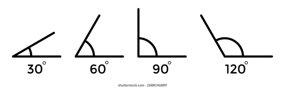 Conjunto de Ícones de Ângulo Geométrico - Símbolos de Grau Matemático de 15° a 90° com Setas para Uso Educacional, ilustração Vecto.