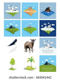 a set of geometric animals. trees and mountainson different backgrounds