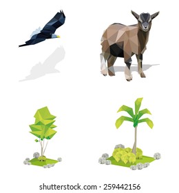 a set of geometric animals and trees on a white background