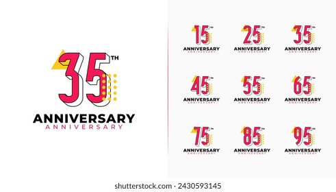 Set of geometric anniversary logo. Number icon with modern design for birthday event. 15, 25, 35, 45, 55, 65, 75, 85, 95