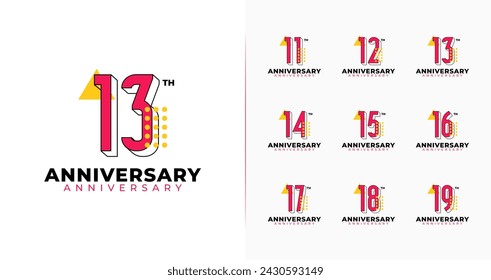 Set of geometric anniversary logo. Number icon with modern design for birthday event. 11, 12, 13, 14, 15, 16, 17, 18, 19