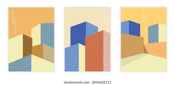 Set with geometric architecture background with japanese pattern on white background. Geometric elements template with abstract modern wall decoration. Flat caroon vector illustration