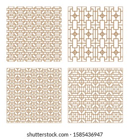 Set geometric asian abstract seamless vector pattern including traditional korean or chinese motive with typical lines and elements in modern style