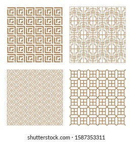 Set geometric asian abstract seamless vector pattern including traditional korean or chinese motive with typical lines and elements in modern style
