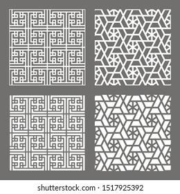 Set geometric asian monochrome abstract seamless vector pattern including traditional korean or chinese motive with typical lines and elements in modern style