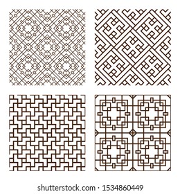 Set geometric asian monochrome abstract seamless vector pattern including traditional korean or chinese motive with typical lines and elements in modern style
