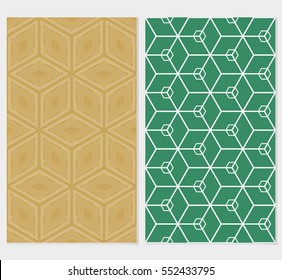 set of Geometric background. vector geometric illusion cubes pattern. seamless illustration. For design, wallpaper. beige, green background