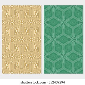 set of Geometric background. vector geometric illusion cubes pattern. seamless illustration. For design, wallpaper. beige, green background