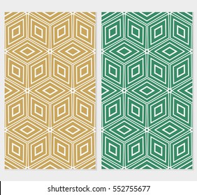 set of Geometric background. vector geometric illusion cubes pattern. seamless illustration. For design, wallpaper. beige, green background
