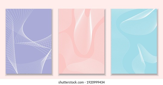 Set of geometric backgrounds in A4 format. The covers are soft pink, blue, purple. Geometric white lines. Vector illustration