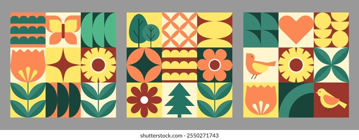 Set of geometric backgrounds. Bird, flowers and leaves in flat minimalist style. Vector illustration