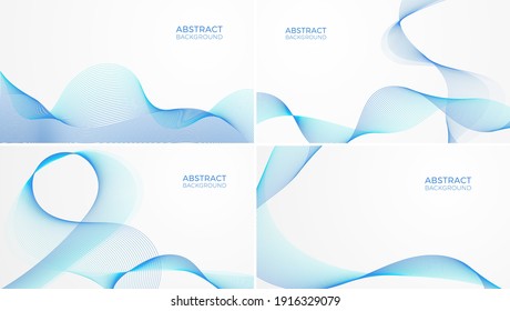 Un conjunto de fondos geométricos con ondas azules, una colección de plantillas web lineales modernas, banners comerciales de frecuencia abstracta.

